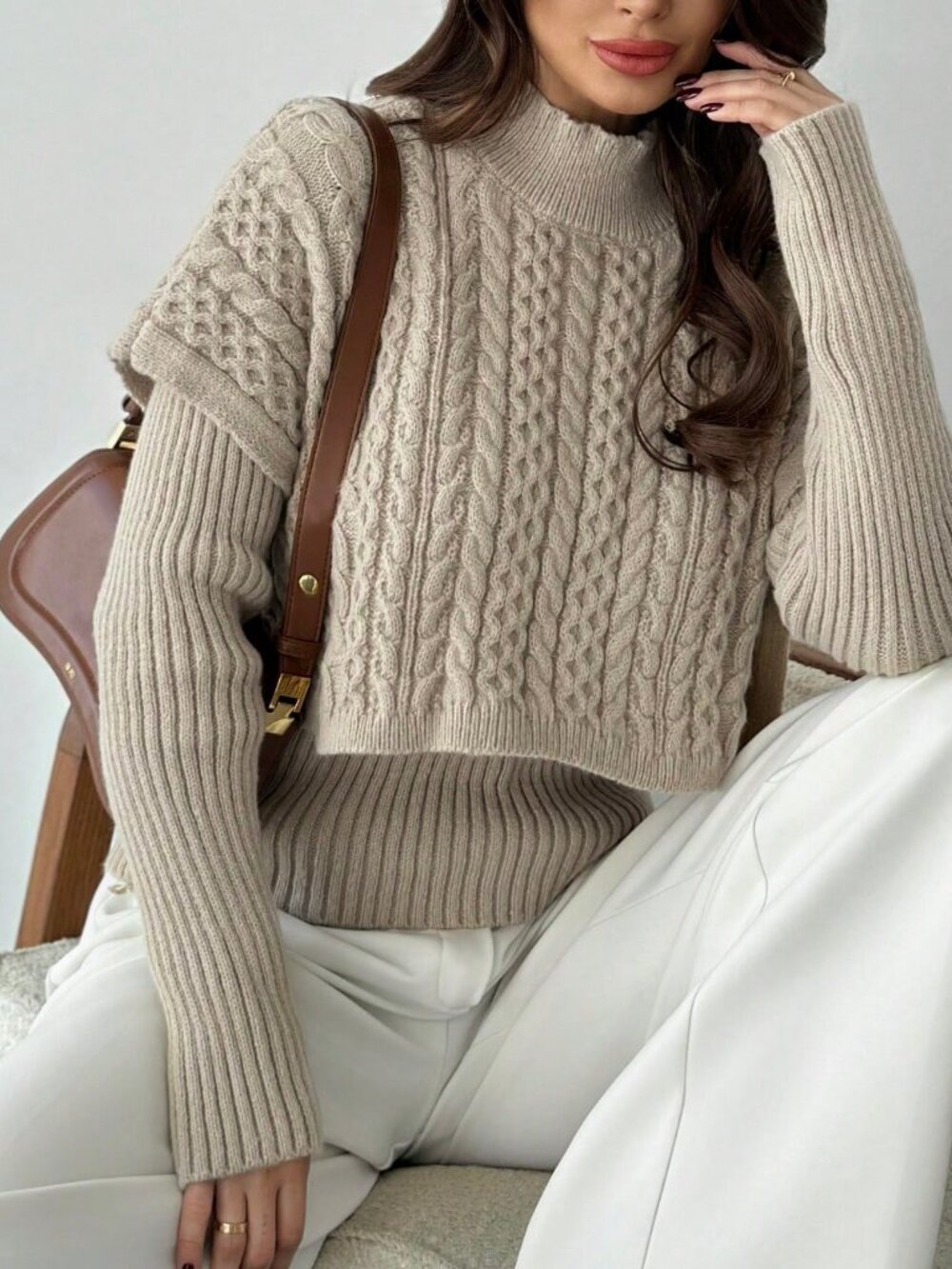 Khaki Elegant Casual Women's Long Sleeve Crew Neck Sweater 2-in-1 - Picture 5 of 7